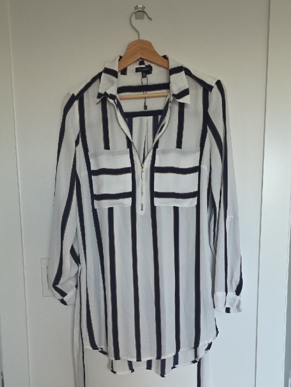 Striped White Tunic Long Shirt with Navy and Gold Accent - Picture 7 of 7